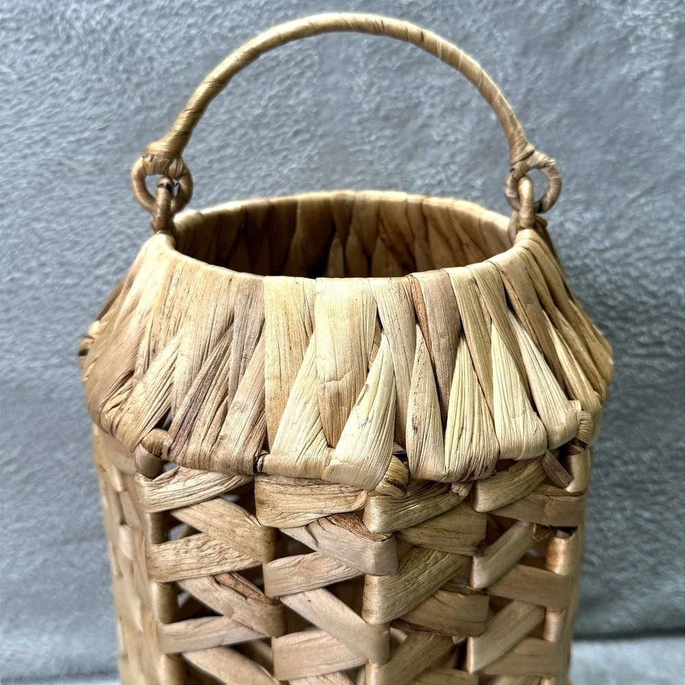 Vintage Woven Rattan Hurricane‎ Candle Holder Basket Lantern Handle Boho Decor